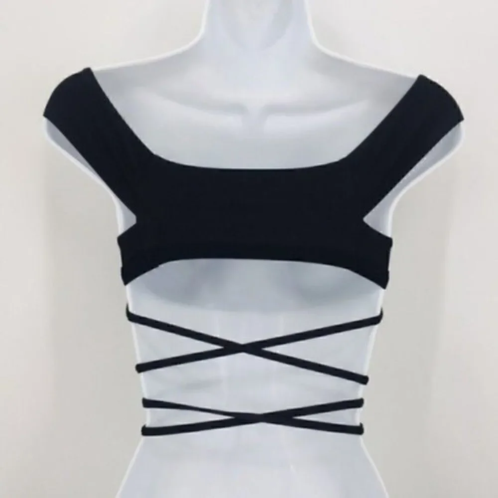 Frankie’s Bikinis black Shiloh off shoulder bikini top small BoxA